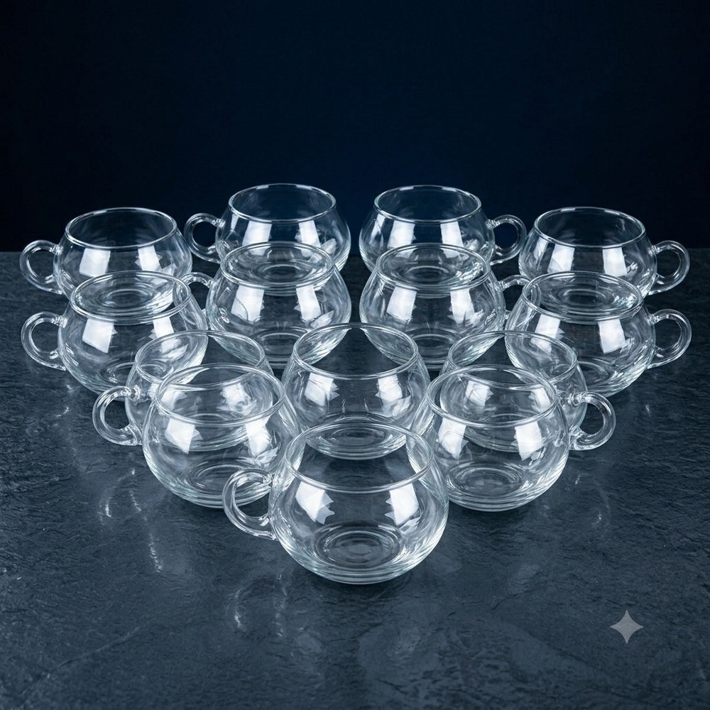 Riekes Crisa Clear Glass Punch Cups‎ Set of 12 Handled Soup Mug Bowls